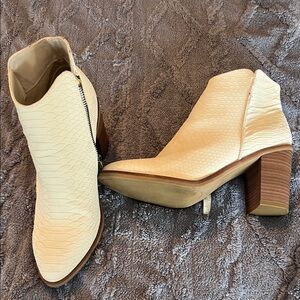 MIA Cream Snakeskin-Texture Ankle Booties with Block Heel